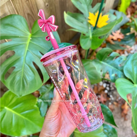 Starbucks Holiday Pink Snow Glass Tumbler with Bow Topper 18oz - Picture 3 of 6